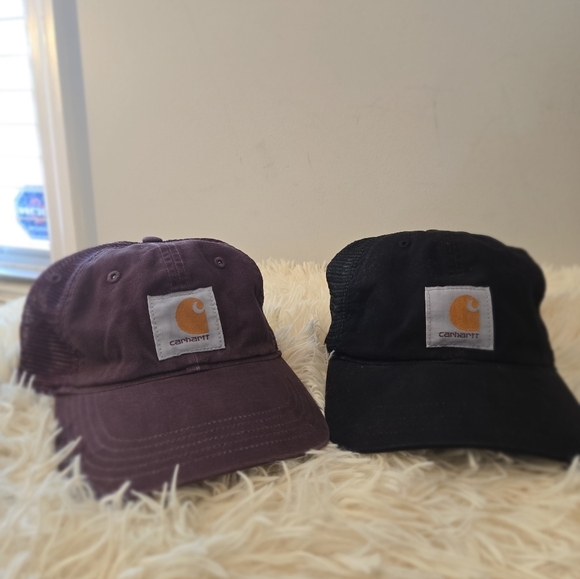 2 Carhartt Hat Snapback Trucker Caps Mens  Black and Burgundy Mesh Back - Picture 1 of 11